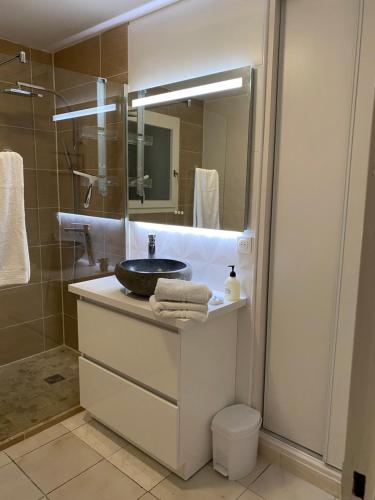 bagno con lavandino, servizi igienici e specchio di Maison lumineuse à Ars en ré ad Ars-en-Ré