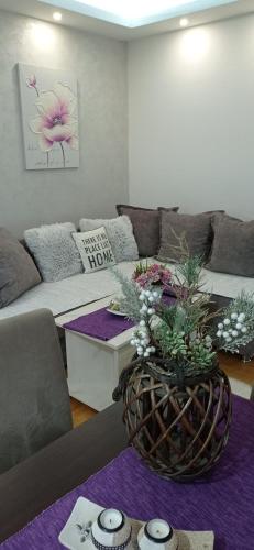a living room with a couch and a table at Apartman Harmonija Vrnjačka Banja in Vrnjačka Banja