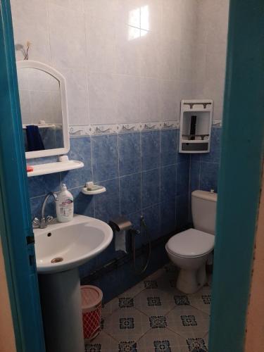 W łazience znajduje się umywalka, toaleta i lustro. w obiekcie DAR HIDOUS w mieście Al Māʼīyah