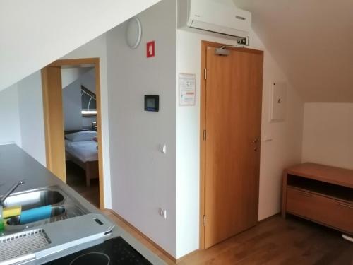 a kitchen with a sink and a door in a room at Guest House Eco Vila Mila in Rogaška Slatina