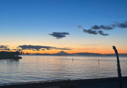 a sunset over a body of water with a palm tree at Toriizaki Club HOTEL and SEAFOODS in Kisarazu