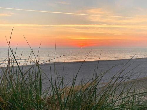 a sunset over a beach with the ocean and grass at 12 person holiday home in Ringk bing in Søndervig