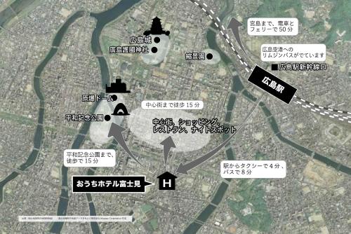a map of a city with cities and signs at OUCHI HOTEL Fujimi in Hiroshima