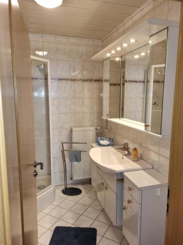 a bathroom with a sink and a mirror at Ferienwohnung Norbert in Presseck