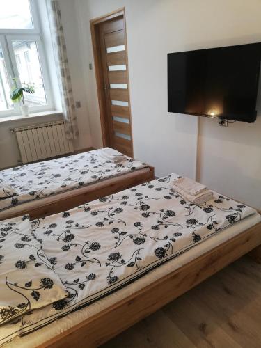 two beds in a room with a flat screen tv at Suwałki Centrum Apartments 1 & 2 in Suwałki