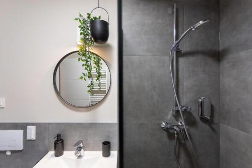 een badkamer met douche, wastafel en spiegel bij STYLISH URBAN OASIS in Zagreb