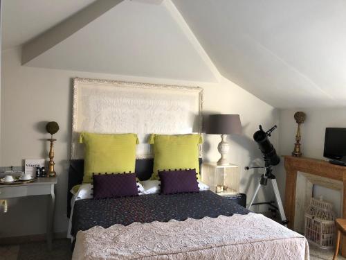 a bedroom with a bed with purple and yellow pillows at Cento passi dall' Arena in Verona