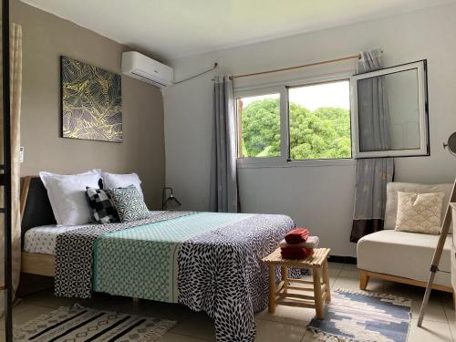 ein Schlafzimmer mit einem Bett, einem Fenster und einem Stuhl in der Unterkunft T3 moderne au cœur du village in Ouangani