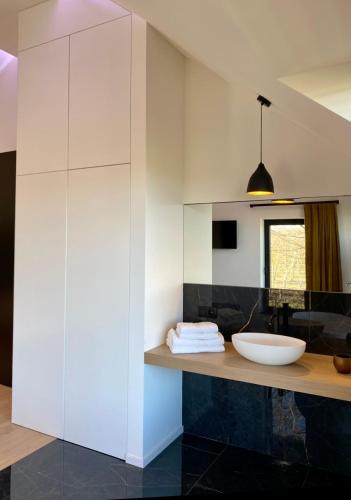 a bathroom with a counter with a sink at Le Clos du Verger in Aubel