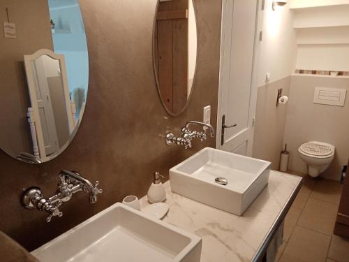La salle de bains est pourvue d'un lavabo, de toilettes et d'un miroir. dans l'établissement Au Coeur du Luberon, à Cavaillon
