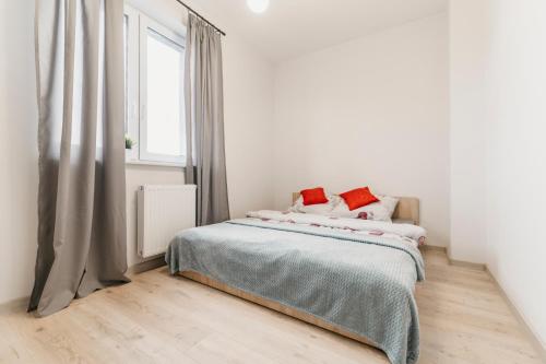1 dormitorio con paredes blancas y 1 cama con almohadas rojas en Nocosfera Apartament Wrocławski, en Kalisz