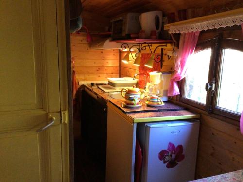 una pequeña cocina con fogones y nevera. en Roulotte Fenouillet, en Hyères