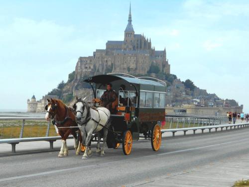 un hombre montando un carruaje tirado por caballos en una carretera en Gîtes les 2 Hermines, en Mont-Dol