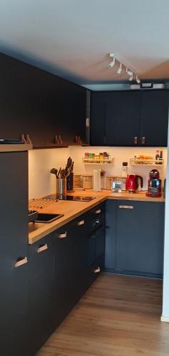 eine Küche mit blauen Schränken und einer Arbeitsplatte in der Unterkunft 2 pièces équipé avec parking privé in Gryon