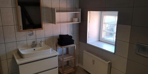 Elle comprend une petite salle de bains pourvue d'un lavabo et d'une fenêtre. dans l'établissement Ferienwohnung/Monteurwohnung im Herzen von Ahnatal, à Weimar