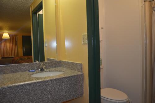 a bathroom with a sink and a toilet and a mirror at Travel Inn Weatherford in Weatherford