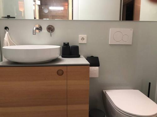 a bathroom with a sink and a toilet at Urban Alpine Penthouse with Lake View in Maurach