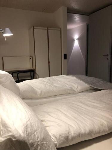 a bedroom with two beds with white sheets at Urban Alpine Penthouse with Lake View in Maurach