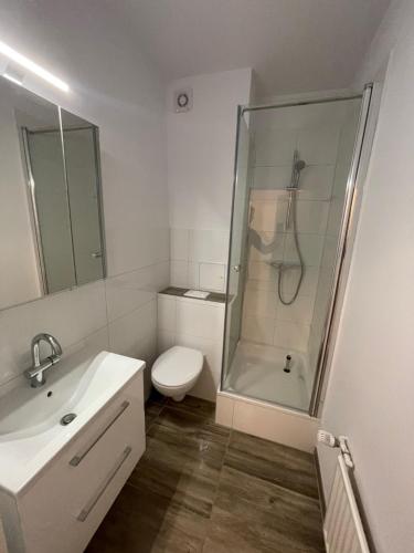 a bathroom with a shower and a toilet and a sink at strandnahe 3-Zimmer Wohnung direkt am Yachthafen in Kiel