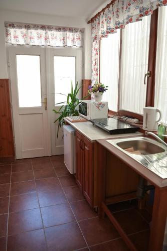 a kitchen with a sink and a counter top at Centrál Apartman in Tokaj
