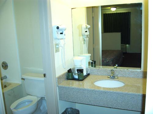 a bathroom with a sink and a toilet and a mirror at Travelers Inn & Suites in Sumter