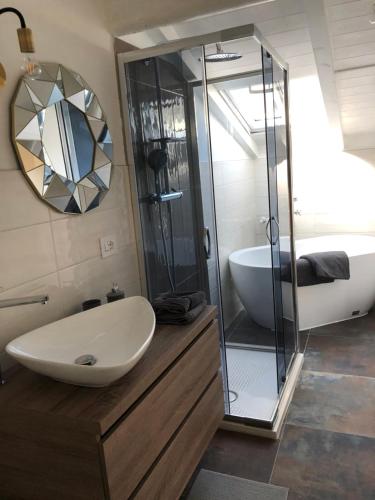 La salle de bains est pourvue d'un lavabo et d'une douche en verre. dans l'établissement Gattaglio 22 Guest House, à Reggio d'Émilie