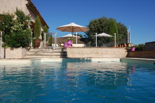 una piscina de agua frente a una casa en Le Mas de l'Orangerie 3 etoiles, en Gréoux-les-Bains