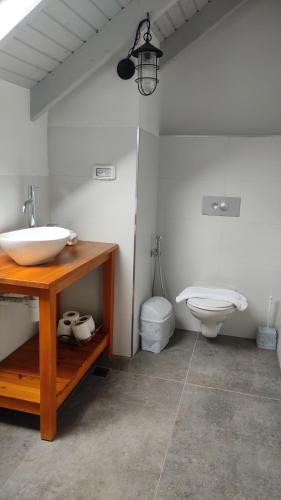 a bathroom with a sink and a toilet at יערה בכפר קרוב לנחל in Beit Hillel