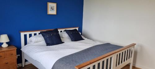 a bedroom with a bed with blue walls at Merrifield House Devon in Kingsbridge