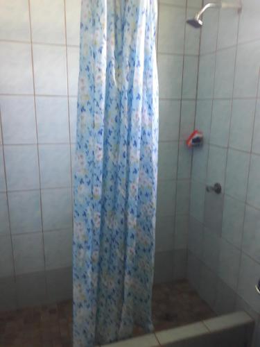 a shower with a blue shower curtain in a bathroom at Danglez Bed & Breakfast in Bataka