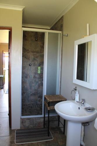 y baño con ducha y lavamanos. en Cicada Self Catering Cottage en Underberg