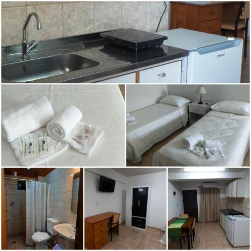 a collage of photos of a kitchen with beds and a sink at RGApart in Puerto Rico