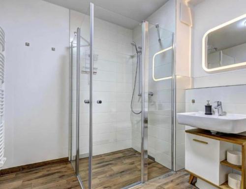 een badkamer met een wastafel en een douche bij Haffkieker in Zirchow