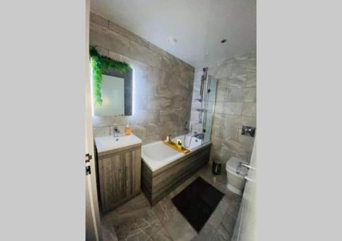 ein Badezimmer mit einer Badewanne, einem Waschbecken und einem Spiegel in der Unterkunft Doncaster City Centre Deluxe Whole Apartment sleeps 4 D41 in Doncaster