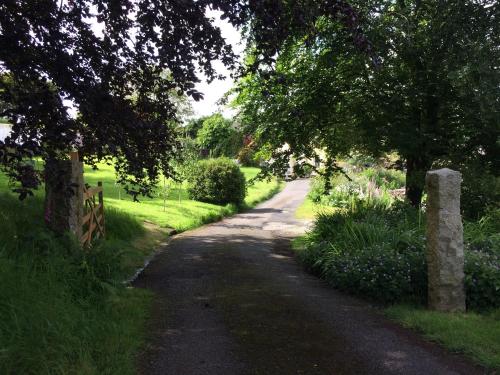 un chemin de terre avec des arbres et des fleurs sur le côté dans l'établissement Frizenham Farmhouse, à Little Torrington