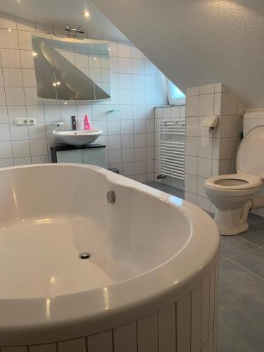 a white bath tub in a bathroom with a toilet at 3 Room Apartment in Wiesbaden in Wiesbaden
