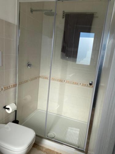 a bathroom with a shower with a toilet and a sink at L'oasi del Tuffatore in Agropoli