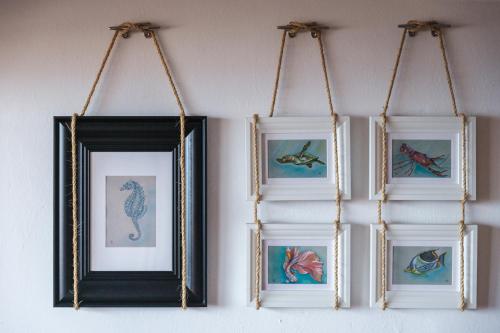 a group of framed pictures hanging on a wall at LA BRIOSA-INFINITYHOLIDAYS in Costa Paradiso