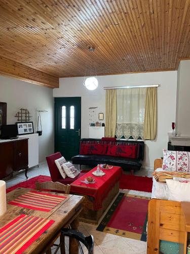 una sala de estar con muebles de color rojo y techo de madera. en Villa Lochia - Ελαφοπήδημα, en Livádion