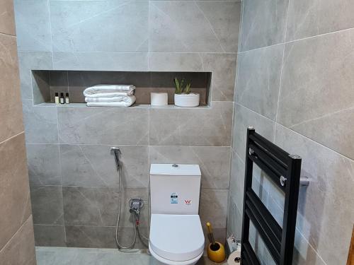 a bathroom with a toilet and a shower with towels at Maurice Bonjean in Ifrane