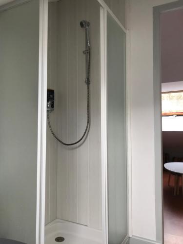 a shower in a bathroom with a glass door at La Coudraie: Loft sauna/jacuzzi privatif à la campagne in Saint-Pardoux-le-Vieux
