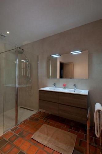 une salle de bain avec un lavabo et une douche dans l'établissement Villa à Conca avec piscine pour 8 personnes en Corse du Sud, à Conca