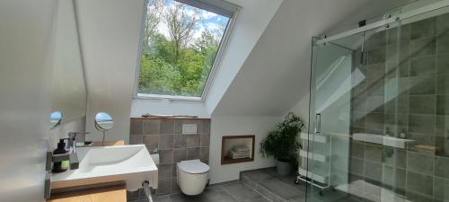 ein Bad mit einem Waschbecken, einer Dusche und einem Fenster in der Unterkunft Ferienwohnung am Wald - a10692 in Goslar