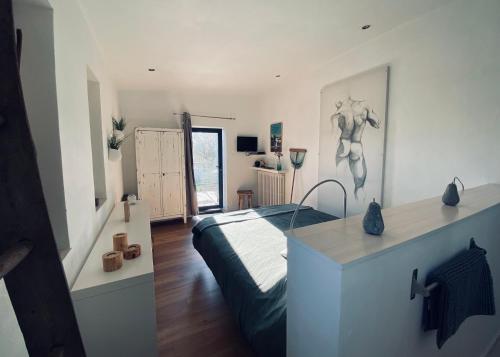 a bedroom with a bed and a desk in it at Ô Chambres d'Hôtes in Le Gua