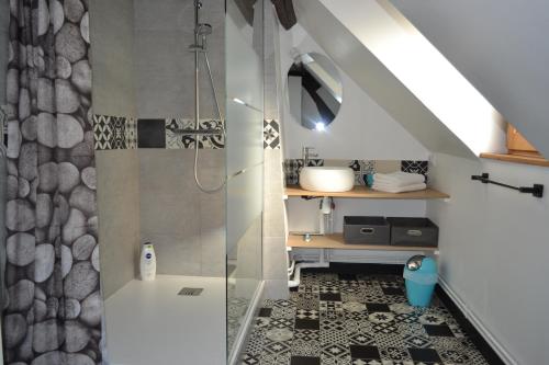 une salle de bain avec une douche avec une porte vitrée dans l'établissement le silencio coeur de ville vu Cathédral, à Chartres