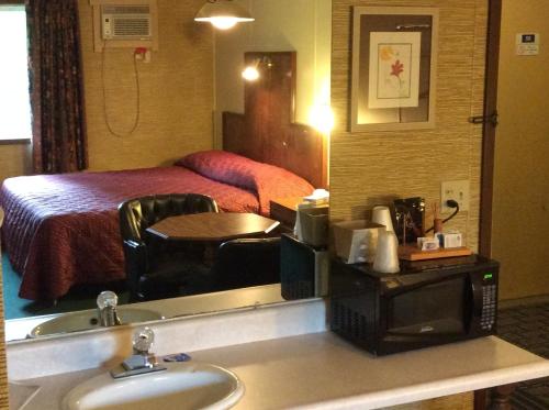 a bathroom with a bed and a sink and a microwave at Burr Oak Motel in Algona