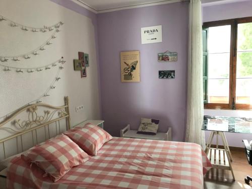 1 dormitorio con 1 cama con manta a cuadros en PUERTA DEL SOL, en Almansa