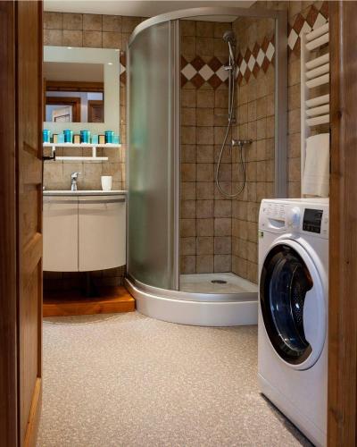 une machine à laver dans une salle de bain avec douche dans l'établissement La Snaille des Planards, à Chamonix-Mont-Blanc