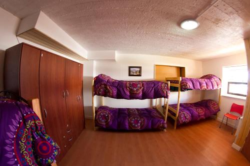 two bunk beds in a room with purple sheets at Hostal El Pichon in Farellones