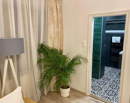 a plant in a room next to a door at Home Sweet Apartment XL in Bükfürdő
